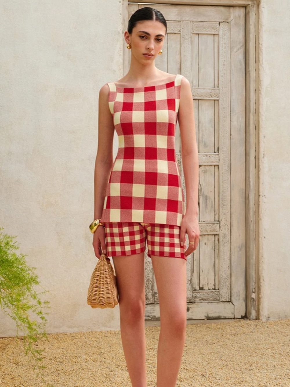 Commense Checkerboard Sleeveless Knit 2 Piece Co-Ord Short Tank Set NEW Medium - Picture 4 of 11